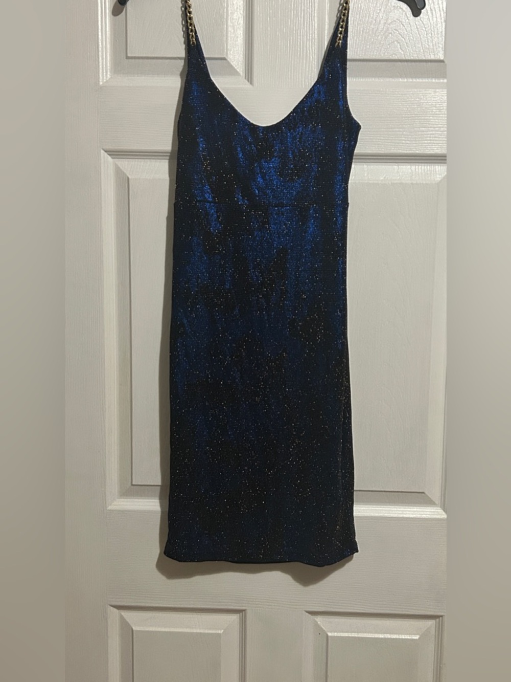 bebe Shimmering Navy Blue Slip Dress with Chain Straps